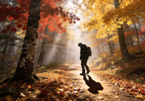 徒步者穿越金色秋日森林小道的宁静画面