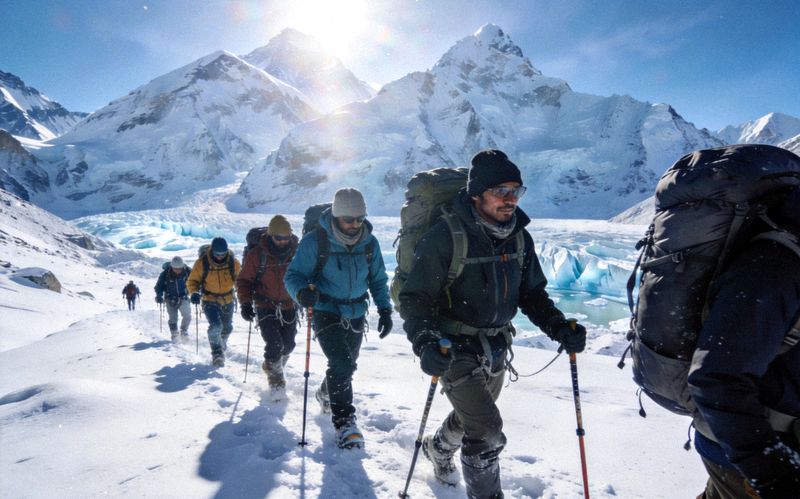 喜马拉雅山脉高海拔徒步探险队正在雪地中前行